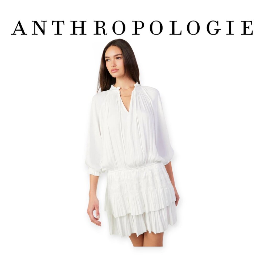 Anthropologie Current Air Aurelie Pleated drop waist white Mini Dress size small